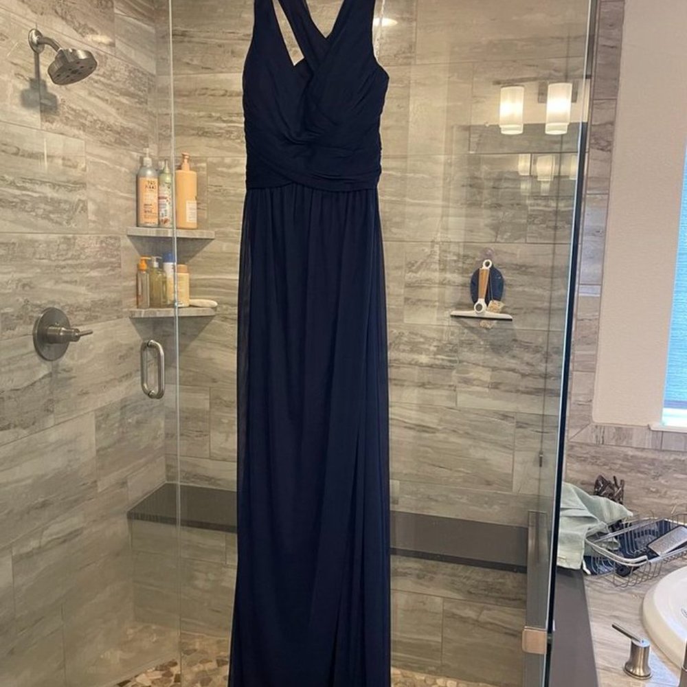 Mesh long bridesmaid dress with crisscross back